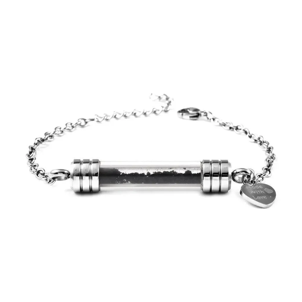 Shungite and Glass Bottle, Heart Charm Bracelet in Stainless Steel